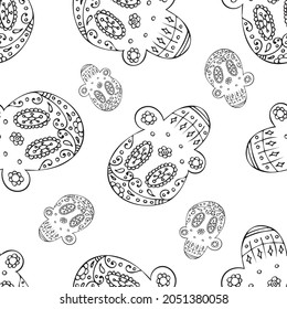 Black and White Seamless Pattern with Traditional Mexican Hand Drawn Skull. Dia De Muertos Holiday Symbol In Sketch Style.