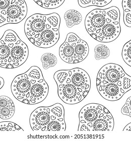 Black and White Seamless Pattern with Traditional Mexican Hand Drawn Skull. Dia De Muertos Holiday Symbol In Sketch Style.