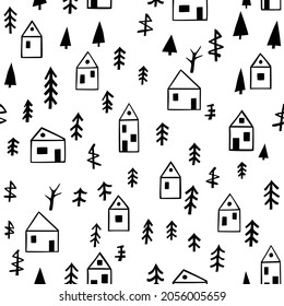 Black and white seamless pattern with trees and houses