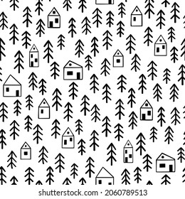 Black and white seamless pattern with trees and houses