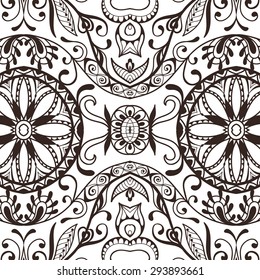 Black and white seamless pattern tribal ethnic ornament, islamic arabian indian motif.  Abstract vector geometric background