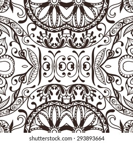 Black and white seamless pattern tribal ethnic ornament, islamic arabian indian motif.  Abstract vector geometric background