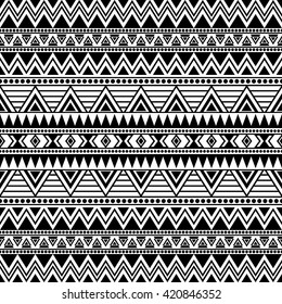 Black and white seamless pattern with tribal aztec motives. Boho chic style abstract wallpaper. Ethnic stylized print template for fabric and paper. 