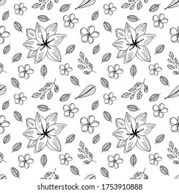 Schwarz-Weiß nahtlose Muster mit tropischen Blumen und Blättern. Handgezeichnete Blumen, Vektorgrafik. Blumendoodle-Hintergrund.