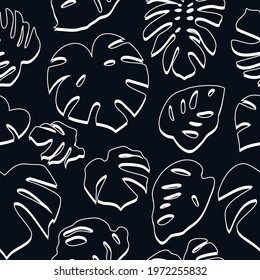 Black and white seamless pattern with tropical leaves on black background. Monstera leaves silhouette pattern.