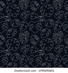 Black and white seamless pattern with tropical leaves on black background. Monstera leaves line art silhouette pattern.