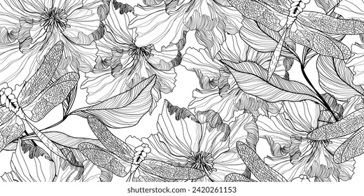 Black and White seamless pattern. Tropical flowers and leaves and dragonflies. Minimalist pattern for fabric or wallpaper.