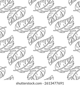 Black and white seamless pattern with tropical banana leaves