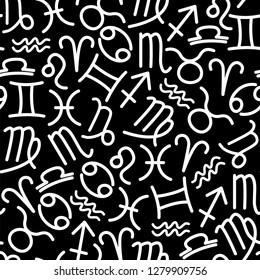 black and white seamless pattern using zodiac signs symbols, for decoration of fabric, textiles and Wallpaper, can be used as a base or template for poster or magazine illustration