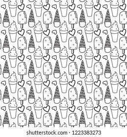 Black white seamless pattern with various ice cream and hearts