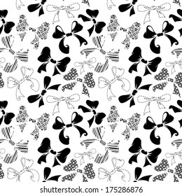 Black and white seamless pattern of various bows. Vector illustration.