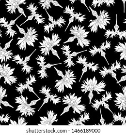 Black and white seamless pattern from vaselki. White flowers on a black background for tiles, fabric and wrapping paper