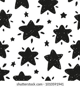 Black and white seamless pattern in vector, minimalistic shining stars