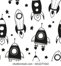 Black and white seamless pattern in vector, rocket ships and stars in the space