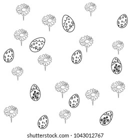 Black and white Seamless pattern. Vector illustration. Flowers and Easter Eggs. 