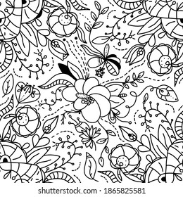 Black and white seamless pattern in vector with doodles, dots, flowers, and leaf. The pattern can be used for wallpapers, adults anti-stress coloring, coloring for children.