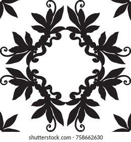 Black and white seamless  pattern. Vector ornate background with laurel leaves at silhouette style. 
