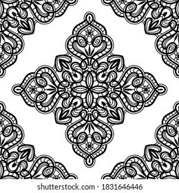 Black and white seamless pattern, vintage lace texture, abstract floral ornamental background. Decorative ornament for anti stress coloring book. Lacy print element. Vector illustration.