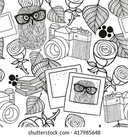 Black and white seamless pattern with vintage objects. Vector illustration of hipster style owl in glasses and old photo camera.