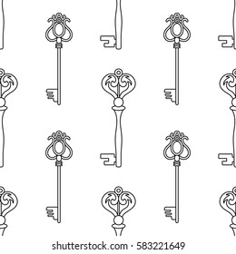 Black and white seamless pattern with vintage keys for coloring
