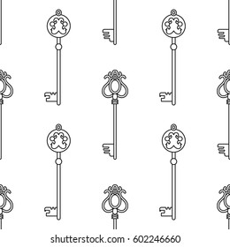 Black and white seamless pattern with vintage keys for coloring