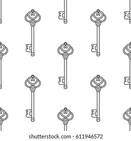 Black and white seamless pattern with vintage, old keys for coloring books, pages.