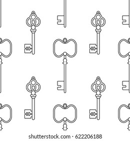 Black and white seamless pattern with vintage, old keys for coloring books, pages.