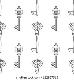 Black and white seamless pattern with vintage keys for coloring