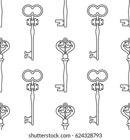 Black and white seamless pattern with vintage, old keys for coloring books, pages.