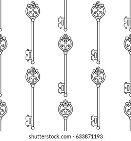 Black and white seamless pattern with vintage, old keys for coloring books, pages.