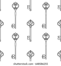 Black and white seamless pattern with vintage, old keys for coloring books, pages.