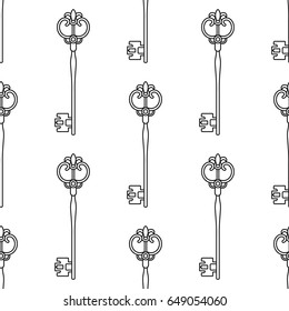 Black and white seamless pattern with vintage, old keys for coloring books, pages.