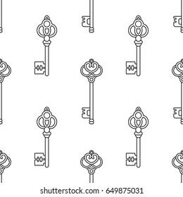 Black and white seamless pattern with vintage, old keys for coloring books, pages.