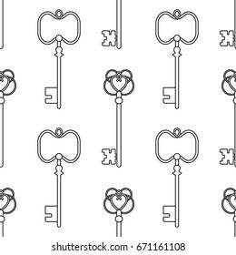 Black and white seamless pattern with vintage, old keys for coloring books, pages.