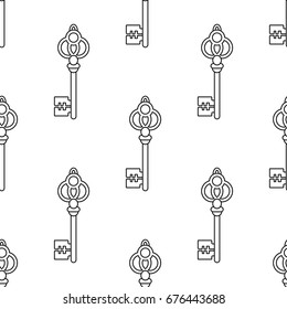 Black and white seamless pattern with vintage, old keys for coloring books, pages.