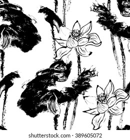 Black and white seamless pattern with watercolor lotus flowers. Stock vector illustration.
