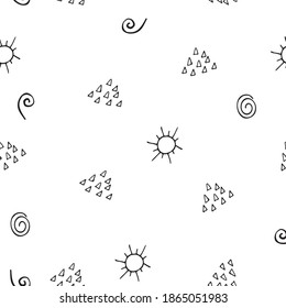 
black and white seamless pattern with weather elements in Scandinavian style, simple scandi shapes - sun, wind, rain, vector illustration