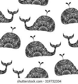 Black and white seamless pattern with whales