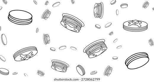 Un patrón sin fisuras en blanco y negro de tortitas artísticas de línea caprichosas. Apilado o solo, algunos con mantequilla y jarabe, flotando sobre un fondo blanco, creando un diseño divertido y repetitivo.