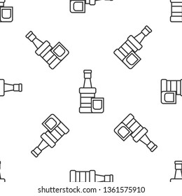 Black and white seamless pattern Whiskey bottle with glass. Alcohol concept