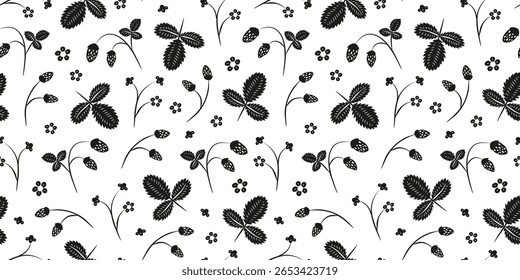 Padrão sem emenda preto e branco com morangos selvagens, folhas e flores. Fundo de verão natural com bagas de jardim ou floresta. Perfeito para giftware, roupas femininas, papel de embalagem, etc.