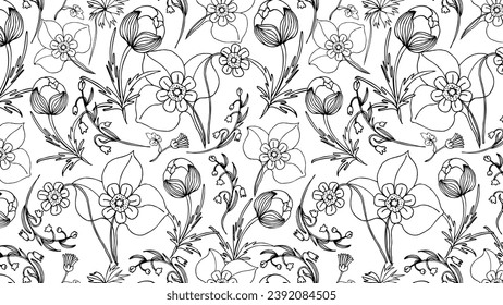 patrón ininterrumpido en blanco y negro con flores silvestres