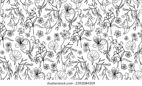 black and white seamless pattern with wildflowers