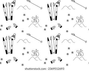 black and white seamless pattern winter sports skiing, snowflakes and mountains