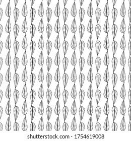 Black and white seamless pattern witn leaves. Floral doodle background. Hand drawing outline vector illustrarion.