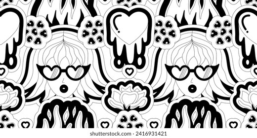 Black and white seamless pattern of woman, flame, melting heart and rose. Vector illustration for Valentine's Day. Love and passion. Banner, header, wrapping paper, wallpaper, fabric