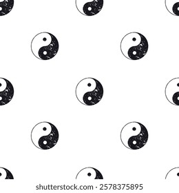 Black and white seamless pattern with yin and yang symbols with rough texture. Chinese philosophy hand drawn sign