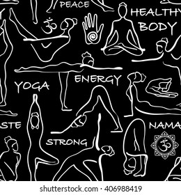 Black and white seamless pattern of yoga poses. Yoga abstract background with asanas, symbols and text.