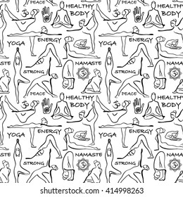 Black and white seamless pattern of yoga poses. Yoga abstract background with asanas, symbols and text.