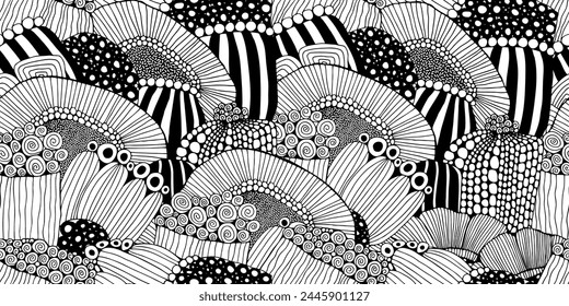 Black and White Seamless Pattern in Zentangle Style with flowers. Adult Coloring Book. Doodle. Line Art	